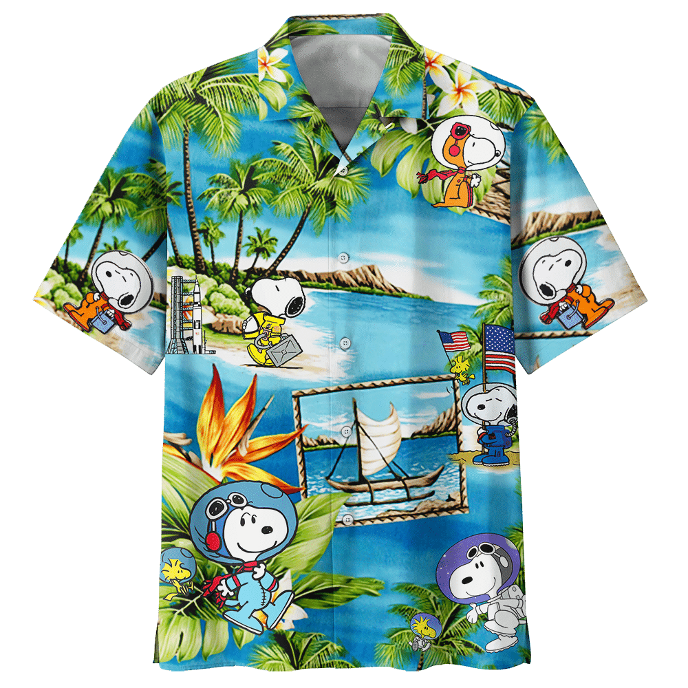 Snoopy The Peanuts, Snoopy Astronaut Summer Time Hawaiian Graphic Print Short Sleeve Hawaiian Casual Shirt