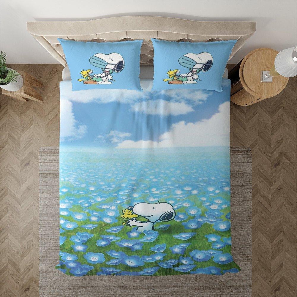 Funny Snoopy Gift For Fan, Peanuts Snoopy Woodstock Flowers Duvet Quilt Bedding Set