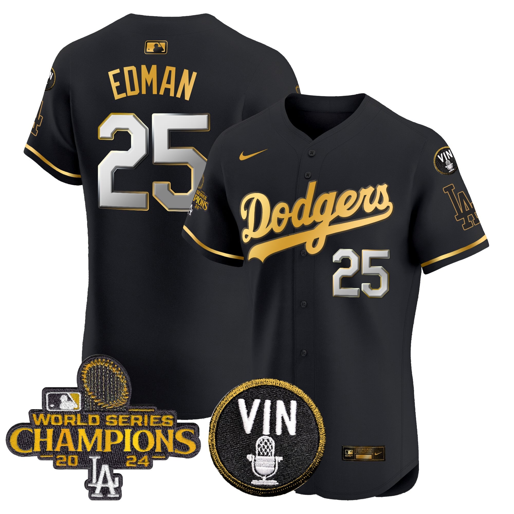 Men's Dodgers 2024 World Series Champions Gold Trim Vapor Premier Elite Jersey - All Stitched