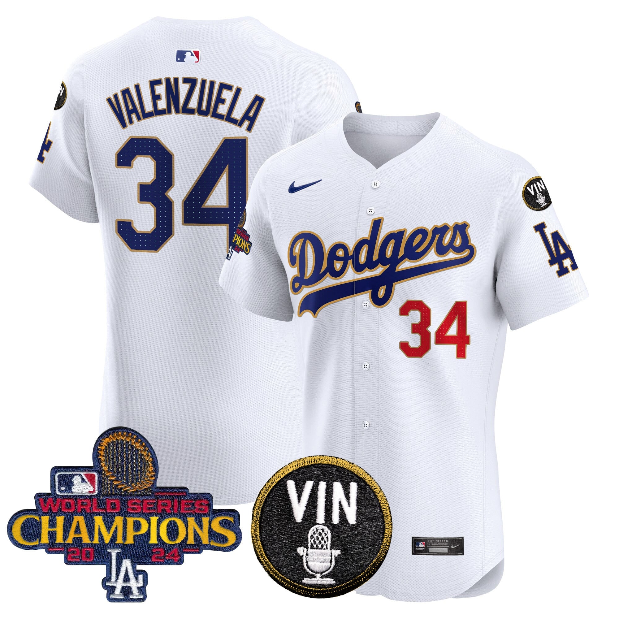 Men's Dodgers 2024 World Series Champions Gold Trim Vapor Premier Elite Jersey - All Stitched