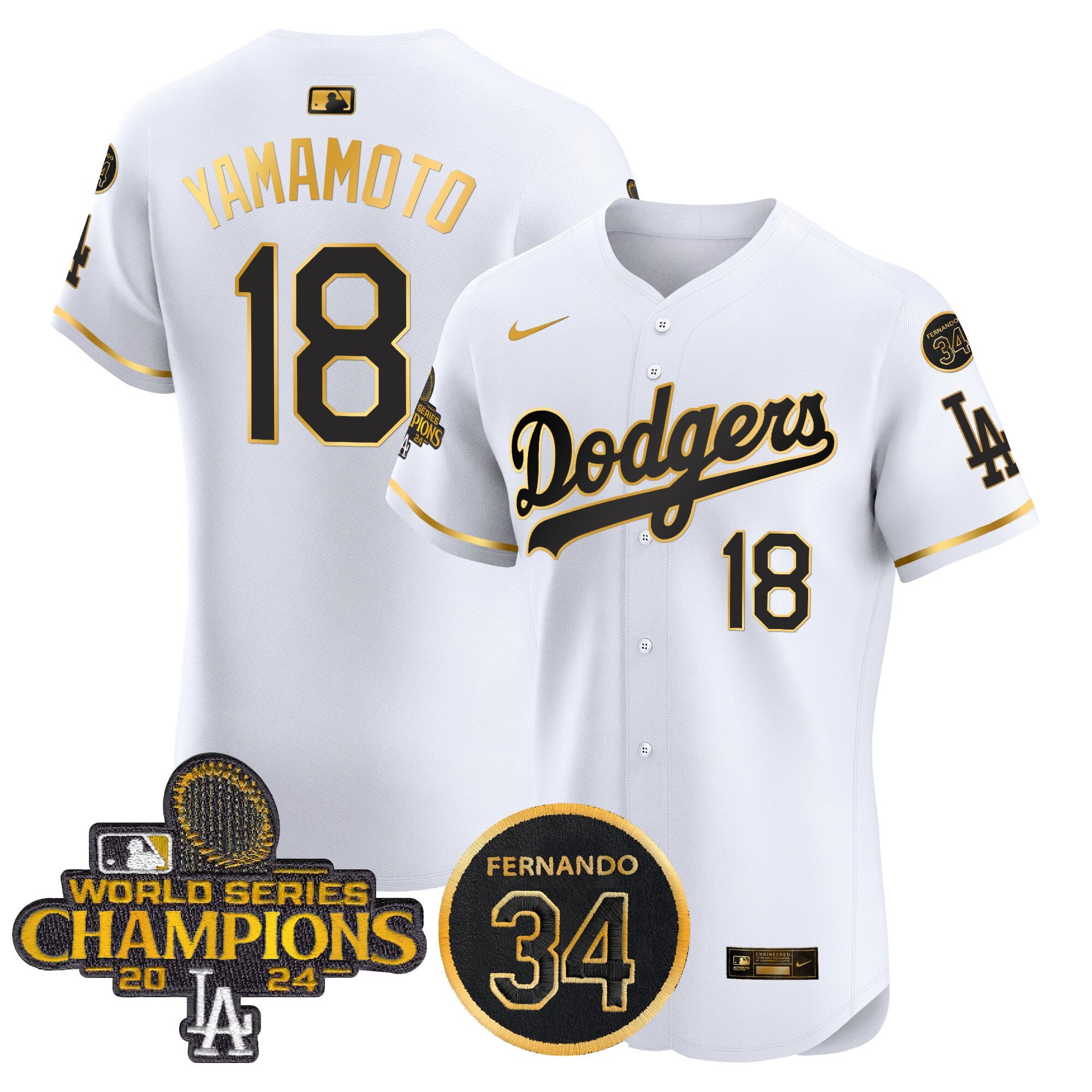 Men's Dodgers 2024 World Series Champions Gold Trim Vapor Premier Elite Jersey V2 - All Stitched