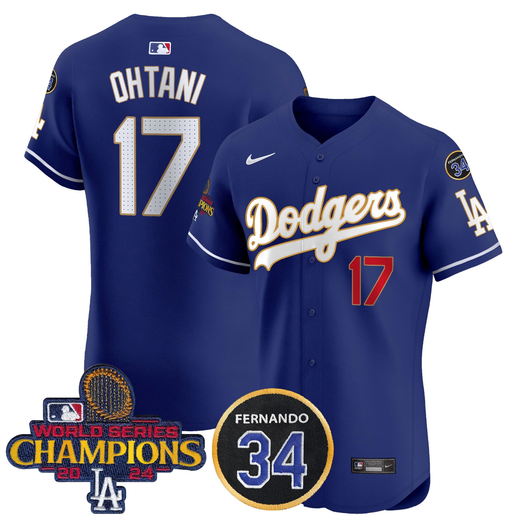 Men's Dodgers 2024 World Series Champions Gold Trim Vapor Premier Elite Jersey V2 - All Stitched