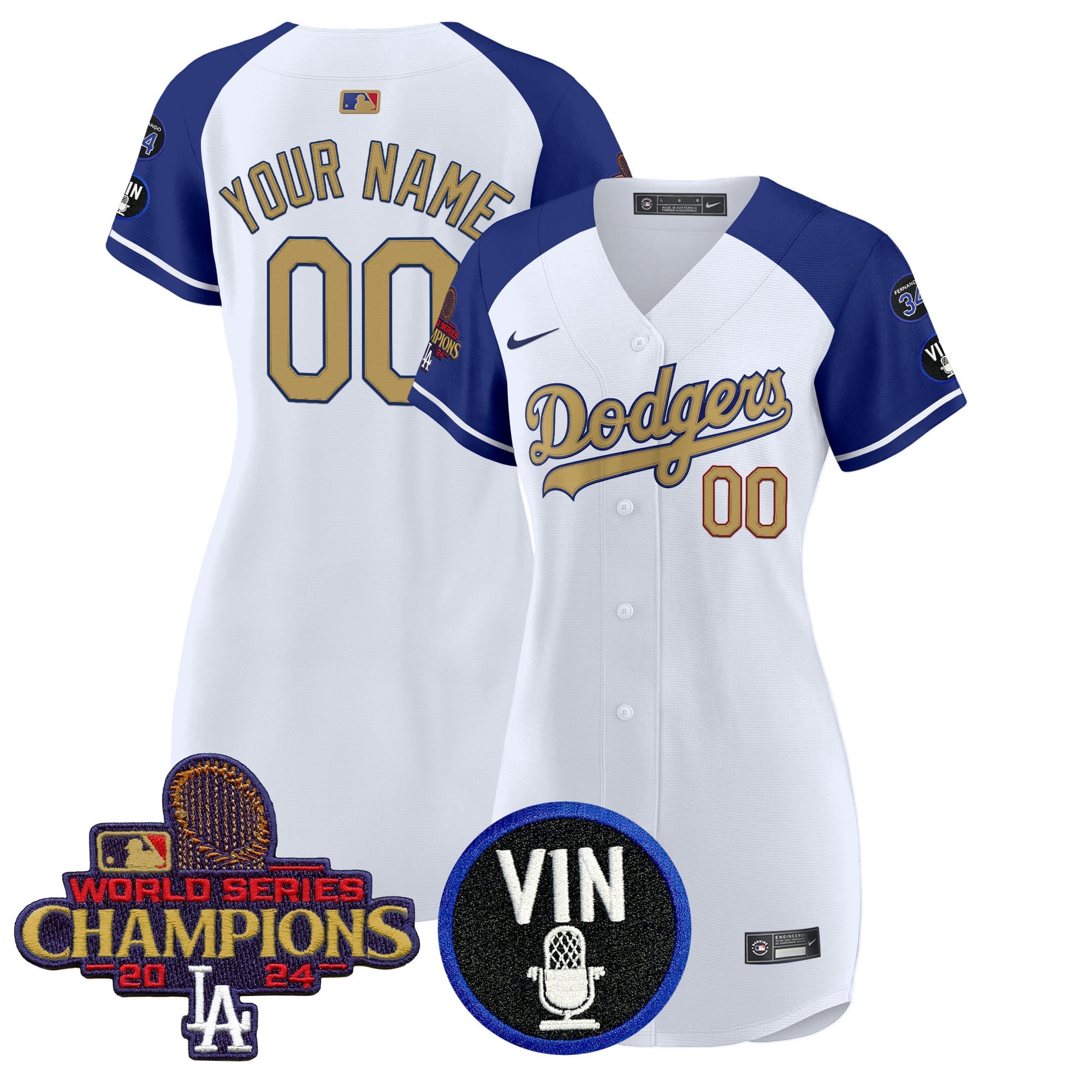 Dodgers 2025 Vin Scully & #34 Fernando Patch Gold Baseball Custom Dress - All Stitched
