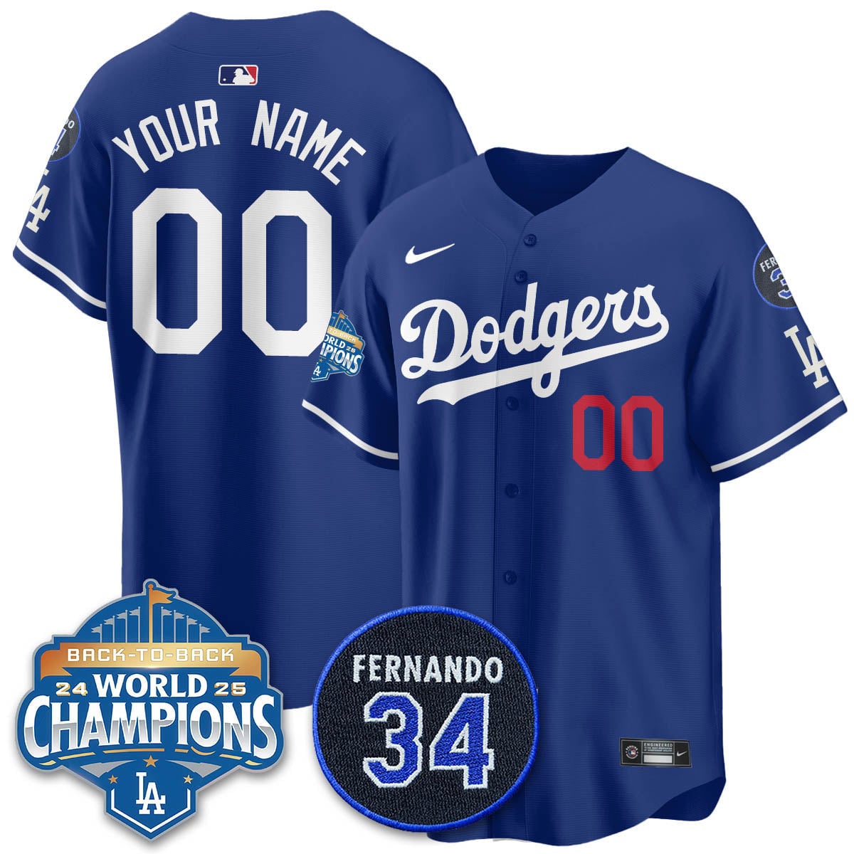 Los Angeles Dodgers 2025 Back To Back Champions Custom Jersey - All Stitched