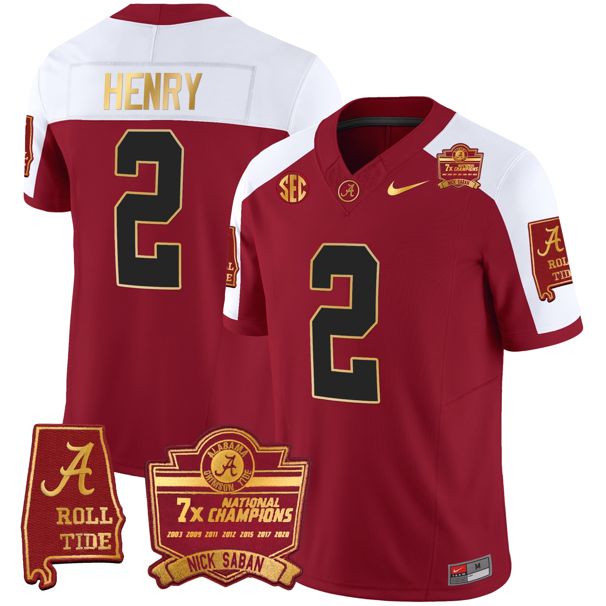 Men's Alabama Crimson Tide Nick Saban 7x Champions Patch Gold Trim Jersey - All Stitched
